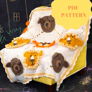 CROCHET PATTERN, Animal Baby Blanket, Tiger Bear Lion Blanket, Vintage Baby Afghan Pattern, Crochet Baby Blanket Pattern