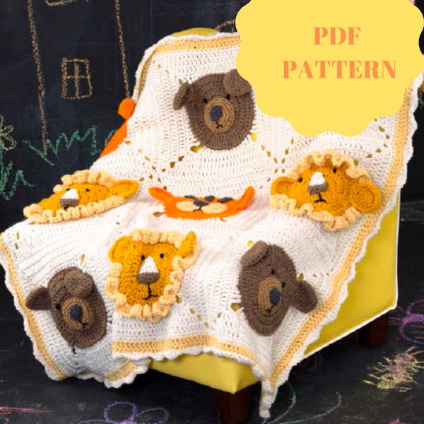 CROCHET PATTERN, Animal Baby Blanket, Tiger Bear Lion Blanket, Vintage Throw