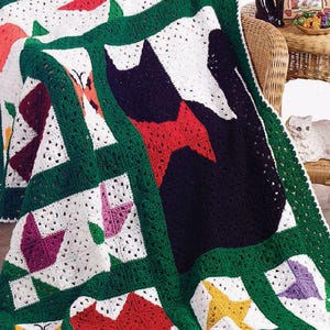 CROCHET PATTERN, Vintage Afghan Crochet Pattern Garden Cat, Afghan/Blanket/Throw PDF Instant Download, Crochet Blanket Pattern Cat