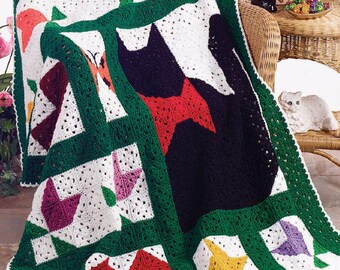 CROCHET PATTERN, Vintage Afghan Crochet Pattern Garden Cat, Afghan/Blanket/Throw PDF Instant Download, Crochet Blanket Pattern Cat
