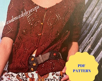 PDF Knitting pattern, Ajoure pattern cardigan, vintage pattern for woman, boho cardigan pattern
