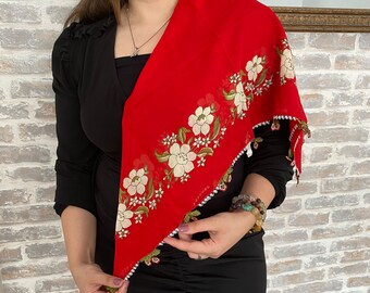 Red Scarf, Yazma,  Vintage Yazma, Turkish Oya Scarf, Crochet Yazma,  Needle Lace Yazma, crepe scarf