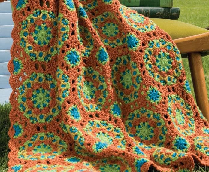 15 Persian Tile Crochet Patterns for Blankets, Pillows, and Colorful Home Decor 9 Flowers Throw Blanket with Peruvian Tile Influence