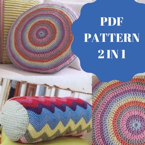 May include: A PDF pattern for crocheting two colorful pillows. One pillow is round and the other is a long bolster. Both pillows feature a multi-colored striped design.