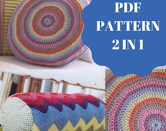 May include: A PDF pattern for crocheting two colorful pillows. One pillow is round and the other is a long bolster. Both pillows feature a multi-colored striped design.