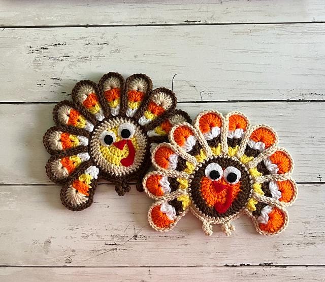 GEHAAKT PATROON, Turkije-onderzetterpatroon, Turkije-ornamentpatroon, Thanksgiving-tafeldecor, Turkije-kerstornament