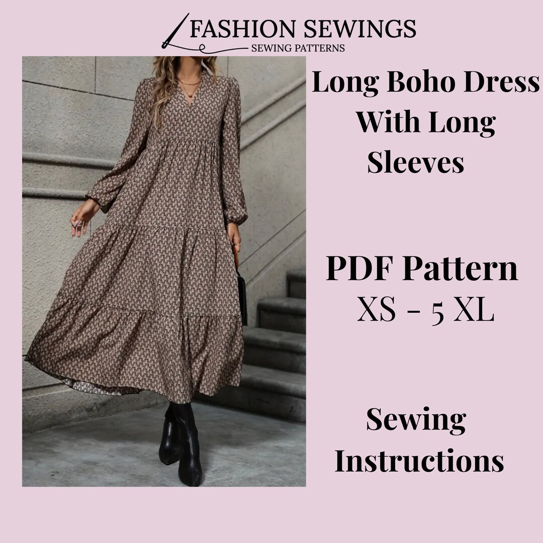 Boho Long Dress Pattern, Woman PDF Sewing Printable Pattern, Size XS ...