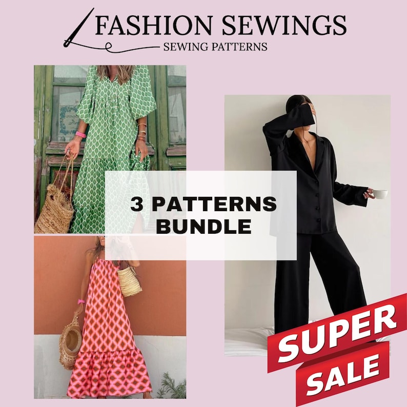 Op de afbeelding: Drie naaipatronen voor jurken, een groene jurk met een geometrisch patroon, een roze jurk met een ruitpatroon en een zwarte jurk met een lang mouw shirt en broek. De tekst "3 PATTERNS BUNDLE" staat in wit op een witte rechthoek. De tekst "SUPER SALE" staat in wit op een rode rechthoek.