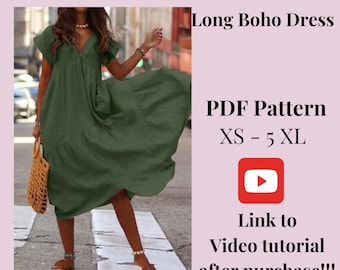 Cartamodello Boho Long Dress, cartamodello stampabile per cucire PDF istantaneo, taglia XS-5XXL, cartamodelli taglie forti, istruzioni dettagliate, video tutorial.