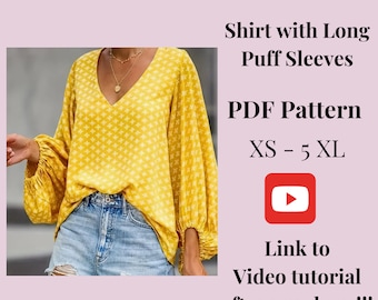 Cover Up Shirt + Video Tutorial, Blouse pattern, PDF pattern, Plus sizes patterns, Detailed Instructions, Puffy sleeve Top pattern.