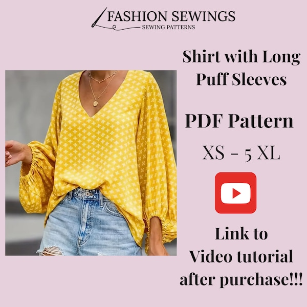 Cover-Up-Shirt + Video-Tutorial, Blusenmuster, PDF-Muster, Muster für Übergrößen, detaillierte Anleitung, Muster für ein Oberteil mit Puffärmeln.