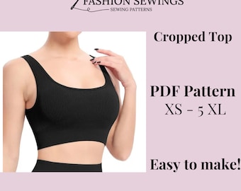 May include: A black cropped top sewing pattern in PDF format. The pattern includes sizes XS to 5XL. The text "Easy to make!" is also included in the image.