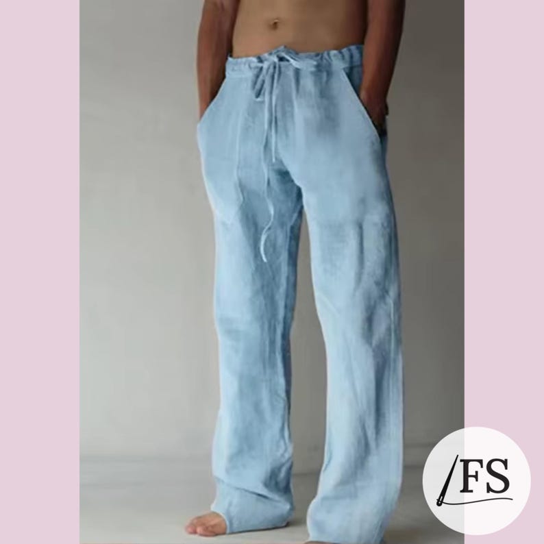 May include: Light blue drawstring pants with two front pockets.