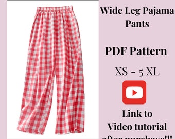 Patron pyjama femme jambe large, patron PDF imprimable, taille XS-5XXL, modèles grandes tailles et grandes tailles, instructions détaillées, tutoriel vidéo.