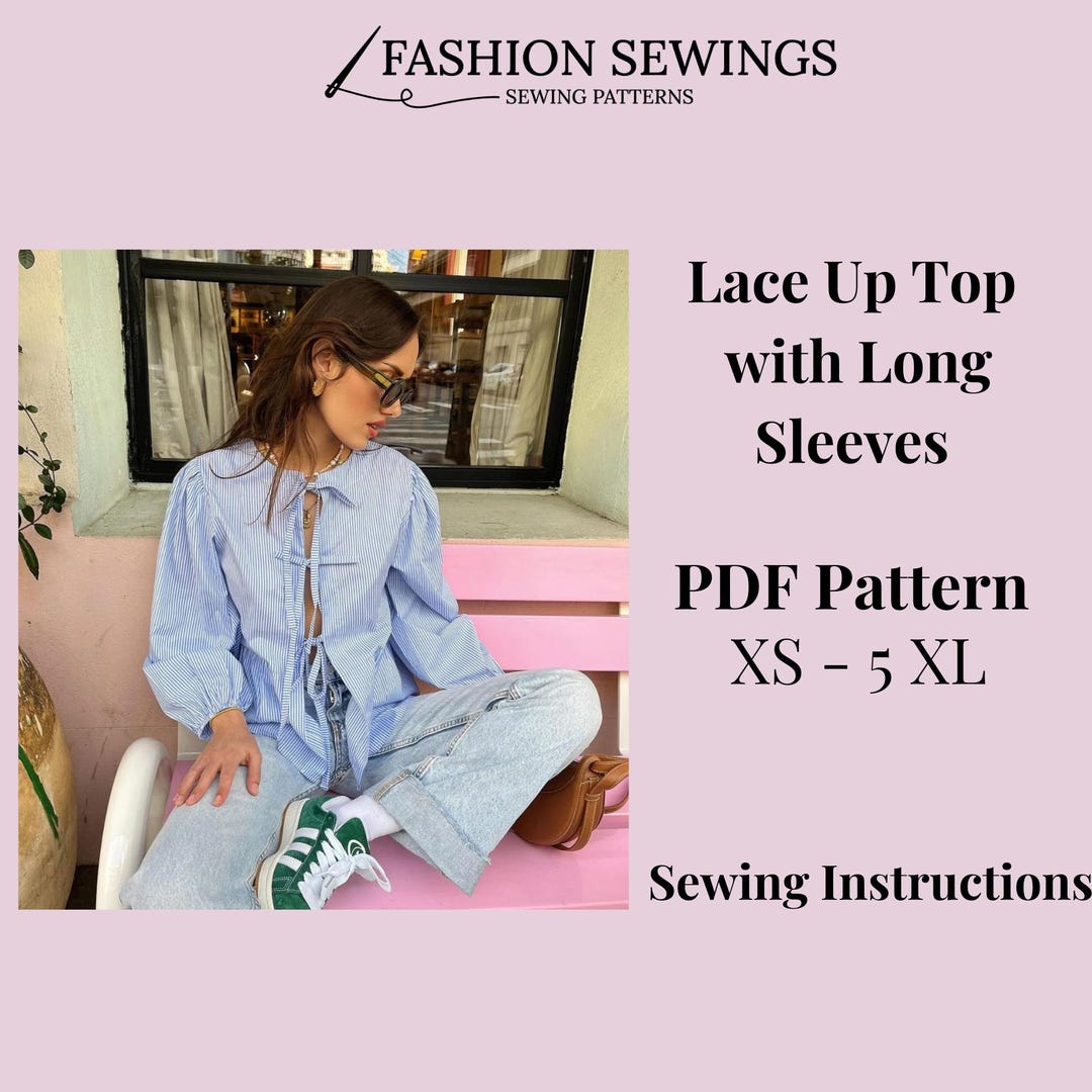 Linen Blouse Sewing Pattern: Front Tie Long Sleeve Top (XS-5XL) (PDF ...