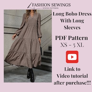 Boho Long Dress pattern, Woman PDF sewing printable pattern, size XS-5XXL, Plus sizes patterns, Detailed Instructions, Video Tutorial. image 1