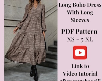 Boho lange jurk patroon, vrouw PDF naaipatroon, maat XS-5XXL, plus maten patronen, gedetailleerde instructies, video-tutorial.