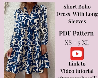 Patroon voor een korte Boho-jurk, PDF-afdrukbaar patroon, maat XS-5XXL, Patronen voor grote maten, Gemakkelijk te maken, Gedetailleerde instructies, Video-tutorial.