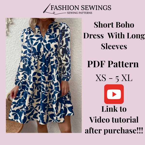 Short Boho dress pattern, PDF printable pattern, size XS-5XXL, Plus sizes patterns, Easy to make, Detailed Instructions, Video Tutorial.