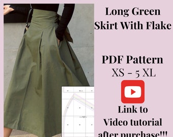 Long High waisted Skirt with Flake pattern  + Video Tutorial, PDF sewing printable pattern, size XS-5XXL, Plus sizes, Detailed Instructions.