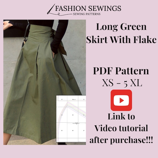 Long High waisted Skirt with Flake pattern, PDF sewing printable pattern, size XS-5XXL, Plus sizes, Detailed Instructions, Video Tutorial.