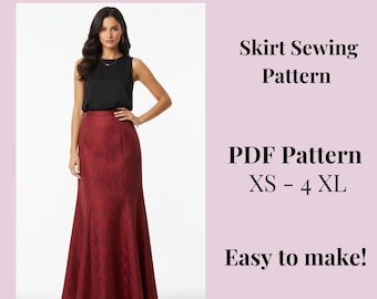 May include: A woman wearing a black top and a burgundy skirt. The image includes text that reads "Skirt Sewing Pattern", "PDF Pattern XS - 4 XL", and "Easy to make!" The logo reads "FASHION SEWINGS SEWING PATTERNS".