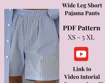 Patron pyjama femme jambes larges + tutoriel vidéo, PDF imprimable, taille XS-5XXL, patrons grandes tailles. Facile à faire, instructions détaillées.