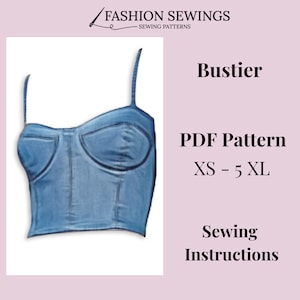 Puede incluir: Un patrón de costura de bustier de mezclilla azul en formato PDF. El patrón incluye tallas XS - 5XL e instrucciones de costura.