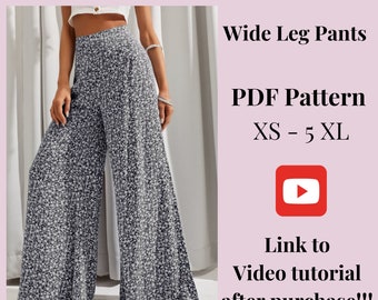 Wide Leg Woman Pants pattern, Palazzo Pants,PDF printable pattern, size XS-5XXL,Large sizes patterns, Detailed Instructions, Video Tutorial.