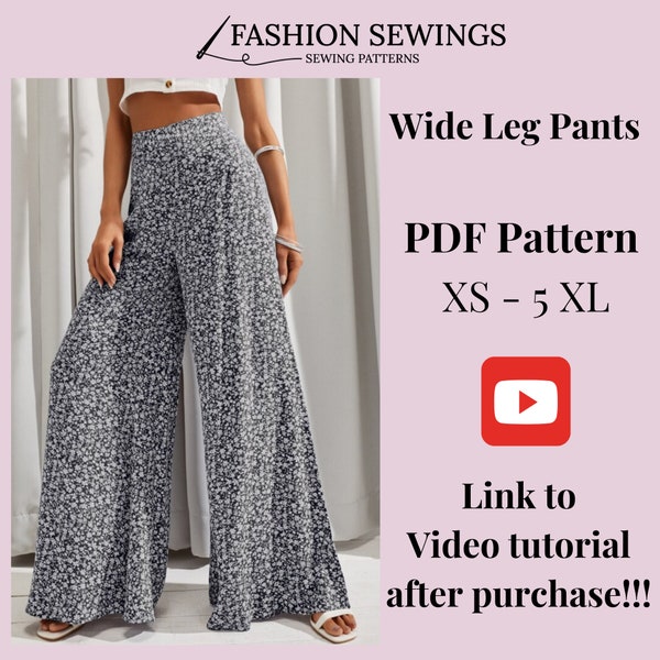 Wide Leg Woman Pants pattern, Palazzo Pants,PDF printable pattern, size XS-5XXL,Large sizes patterns, Detailed Instructions, Video Tutorial.
