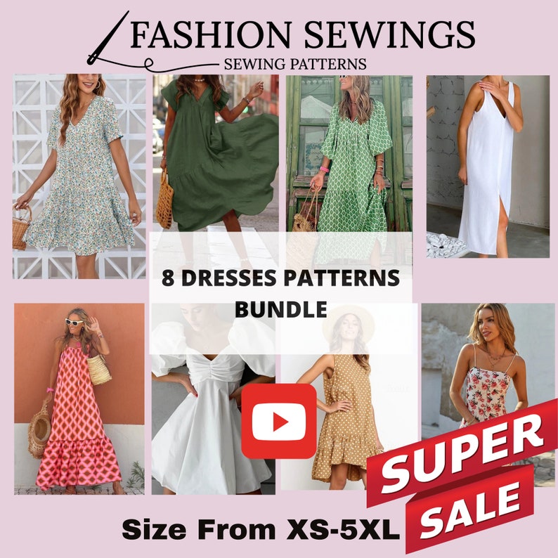 3 Boho Dresses patterns Bundle, Woman PDF sewing printable pattern, size XS-5XXL, Large/Plus sizes patterns, Boho dress, Sewing Pattern. image 8