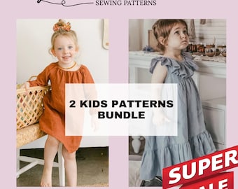 Paquete de 2 patrones de costura para vestidos de niña, descarga instantánea fácil de vestidos para bebés, patrones de costura en PDF para niños.