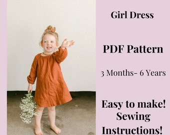 Girl Dress Sewing Pattern, Baby Dress Easy Instant Download, Kids PDF Sewing Pattern, From 0 Months  To 6 Years. Kids sewing Pattern.