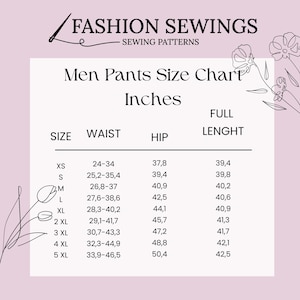 May include: A chart showing men's pants sizes in inches. The chart lists sizes from XS to 5XL and includes measurements for waist, hip, and full length.