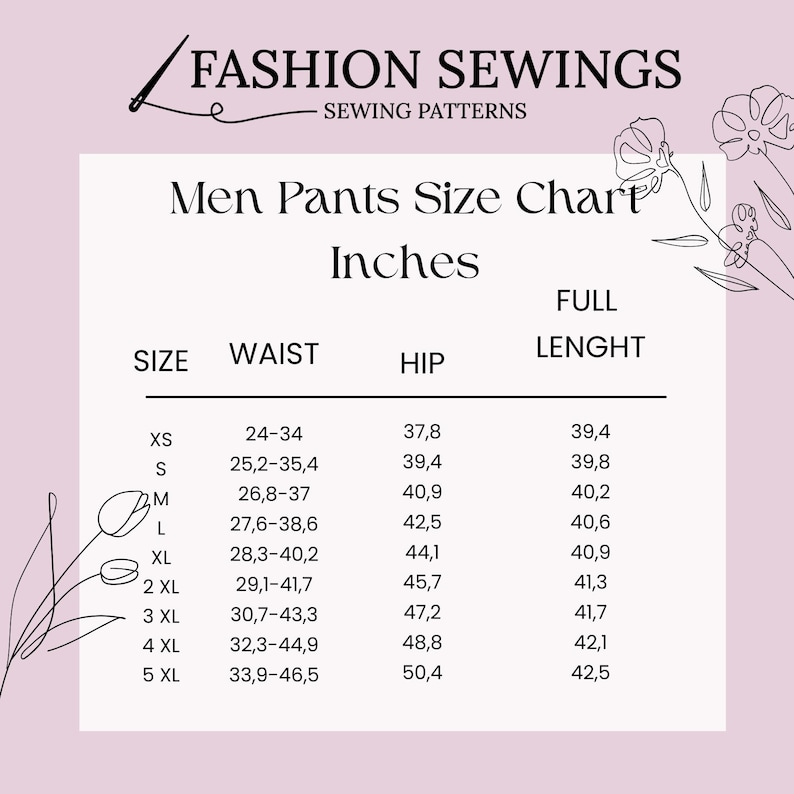 May include: A chart showing men's pants sizes in inches. The chart lists sizes from XS to 5XL and includes measurements for waist, hip, and full length.