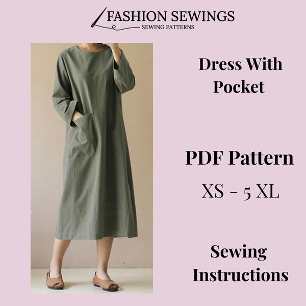 Long Dress with Pocket pattern, Woman PDF sewing printable pattern, size XS-5XXL, Plus sizes patterns, Dress with Sleeve, Sewing Pattern.