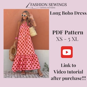 Boho Long Dress pattern + Video Tutorial, Woman PDF sewing printable pattern, size XS-5XXL, Plus sizes patterns ,Detailed Instructions.