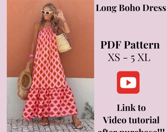 Boho Long Dress pattern, Woman PDF sewing printable pattern, size XS-5XXL, Plus sizes patterns ,Detailed Instructions, Video Tutorial.