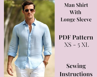 May include: A light blue long-sleeve shirt with a button-down front. The image also includes the text "Man Shirt With Longe Sleeve PDF Pattern XS - 5 XL Sewing Instructions". The shirt is part of a sewing pattern.
