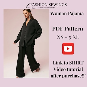Cover Up Shirt with Pants, Pajama pattern, Woman PDF sewing printable pattern, size XS-5XXL, Large/Plus sizes patterns, modern style.