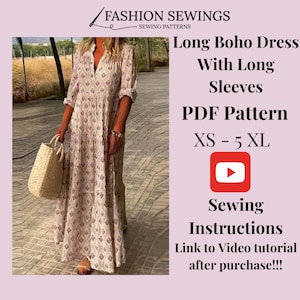 Patrón vestido largo Boho + Video Tutorial, Patrón imprimible de costura en PDF para mujer, talla XS-5XXL, Patrones para tallas grandes, Instrucciones detalladas.