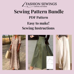 May include: A sewing pattern bundle for a long dress, a skirt, and wide-leg pants. The image shows the finished garments and a sample pattern piece. The text on the image reads "Sewing Pattern Bundle, PDF Pattern, Easy to make! Sewing Instructions."