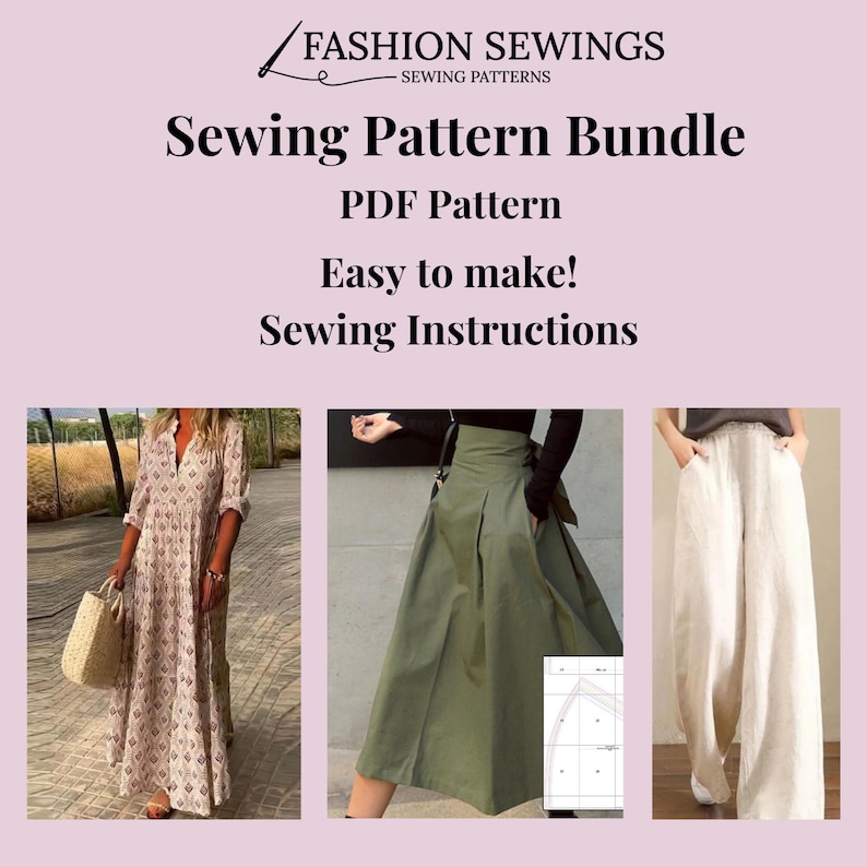 May include: A sewing pattern bundle for a long dress, a skirt, and wide-leg pants. The image shows the finished garments and a sample pattern piece. The text on the image reads "Sewing Pattern Bundle, PDF Pattern, Easy to make! Sewing Instructions."