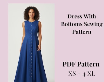 May include: A sleeveless, floor-length blue dress with a button-down front. The dress is shown on a model and is a PDF pattern available in sizes XS to 4XL. The image also includes the text "Dress With Bottoms Sewing Pattern."