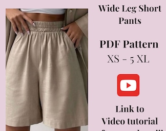 Patron de short pour femme à jambe large, patron de couture imprimable PDF, taille XS-5XXL, patrons grandes tailles, instructions détaillées, tutoriel vidéo.