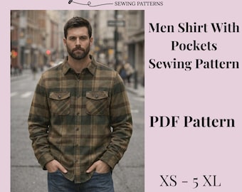 May include: A digital sewing pattern for a long-sleeve shirt with two chest pockets, labeled Fashion Sewings Sewing Patterns, Men Shirt With Pockets Sewing Pattern, PDF Pattern, and sizes XS - 5 XL. The shirt features a brown and green plaid pattern.