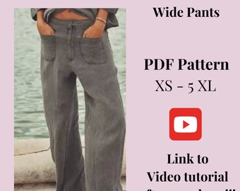 Patroon voor damesbroeken met wijde pijpen + video-tutorial, afdrukbaar PDF-naaipatroon, maat XS-5XXL, patronen voor grote/grote maten, gedetailleerde instructies.