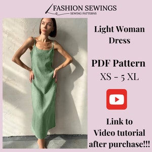 Könnte beinhalten: Ein PDF-Schnittmuster für ein hellgrünes, ärmelloses Kleid. Das Schnittmuster ist in den Größen XS bis 5XL erhältlich. Das Bild zeigt eine Frau, die das Kleid trägt. Der Text "Light Woman Dress" und "PDF Pattern XS - 5 XL" ist auf dem Bild zu sehen. Ein Link zu einem Video-Tutorial ist nach dem Kauf enthalten.