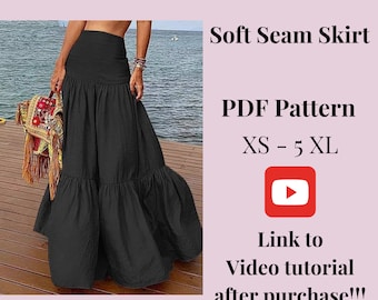 Soft Seam Long high waisted Skirt sewing pattern + Video Tutorial, XS-5XXL, Plus sizes, Summer Skirt, printable pattern, Instant Download.