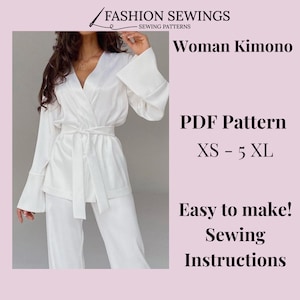 Könnte beinhalten: Ein weißes Kimono-Schnittmuster für die Größen XS bis 5XL. Das Schnittmuster enthält leicht verständliche Nähanleitungen.  "FASHION SEWINGS - SEWING PATTERNS" und "Woman Kimono" sind oben im Bild in schwarzer Schrift geschrieben. "PDF Pattern" und "Easy to make! Sewing Instructions" sind unten im Bild in schwarzer Schrift geschrieben.